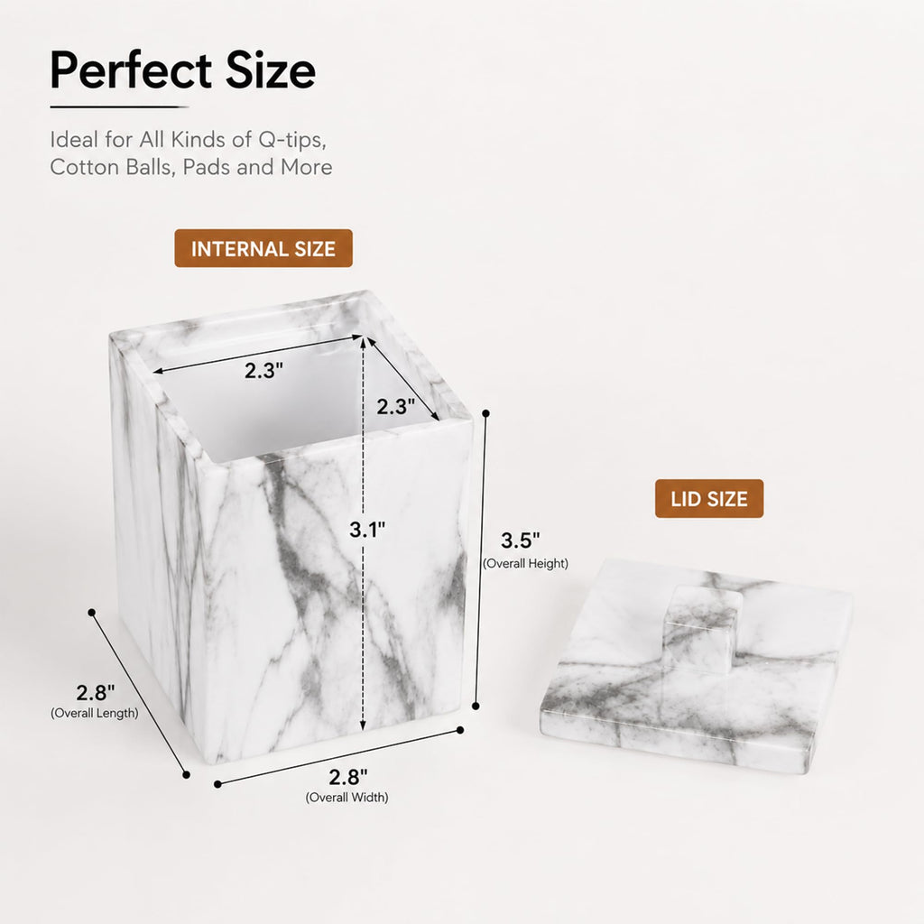 2-Pack Marble Pattern Cotton Swab Holders with Lids, Res Vanity Storage Jars, Square Qtip Containers for Cotton