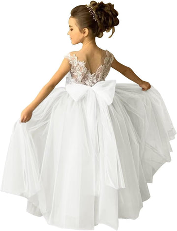 Lace Applique Tulle Flower Girl Dress for Wedding Sleeveless Long Satin Bow Knot V-Back Elegant Formal Dresses
