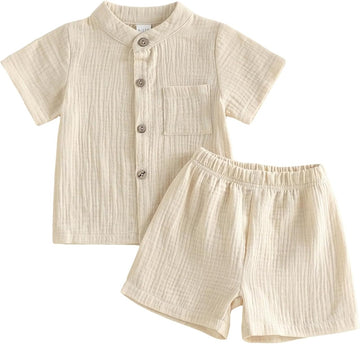 Toddler Baby Boy Shorts Set Summer Clothes Cotton Linen Short Sleeve Button-up Shirt and Shorts Spring Outfit
