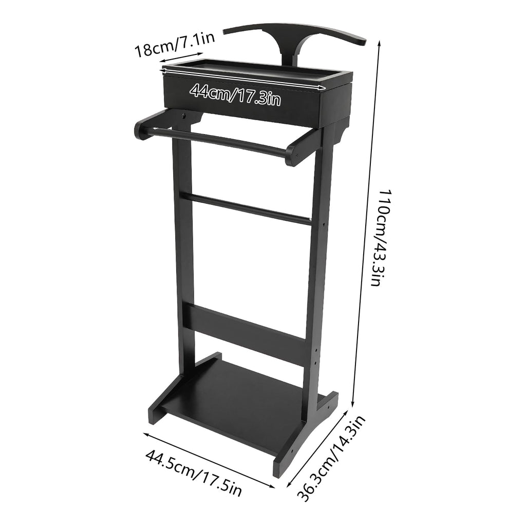 Wood Suit Valet Stand for Men, Clothes Organizer with Drawer, Accessory Tray, and Trouser Bar, Freestanding Suit