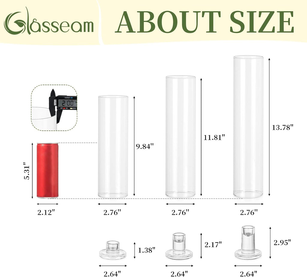 Hurricane Candlestick Holders: 12 Pcs Glass Taper with Cylinder | 2.5mm Thick Glass Sleeves, 9.84''/11.84''/13.78''