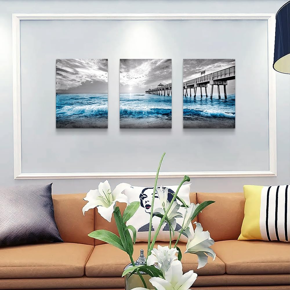 Wall Decorations 3 Piece Framed Canvas Wall Art Black And White Wall Painting Blue Ocean Sea Wave Pictures