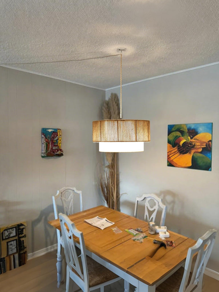 Plug in Pendant Light, 18" Rattan Plug in Chandelier with 18FT Light Cord, Plug in Boho Hanging Pendant Light Living