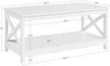 Wood 2-Tier White Coffee Table with Storage Shelf, X Design Accent Cocktail Table, Simple Design Home Furniture