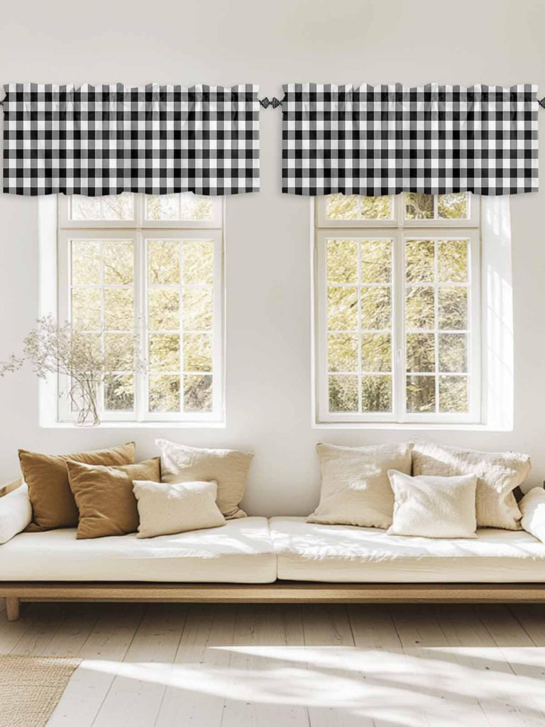 Black White Checkered Curtain Valances for Windows, Farmhouse Kitchen Valance Window Treatments Panel 2 Pack, Buffalo