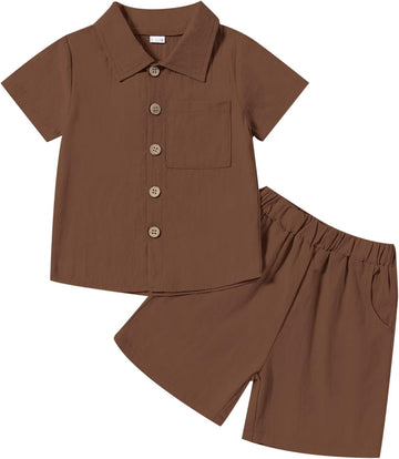 Toddler Baby Boy Summer Clothes Cotton Linen Short Sleeve Solid Button Down Shirt Shorts Set Outfits with Pockets