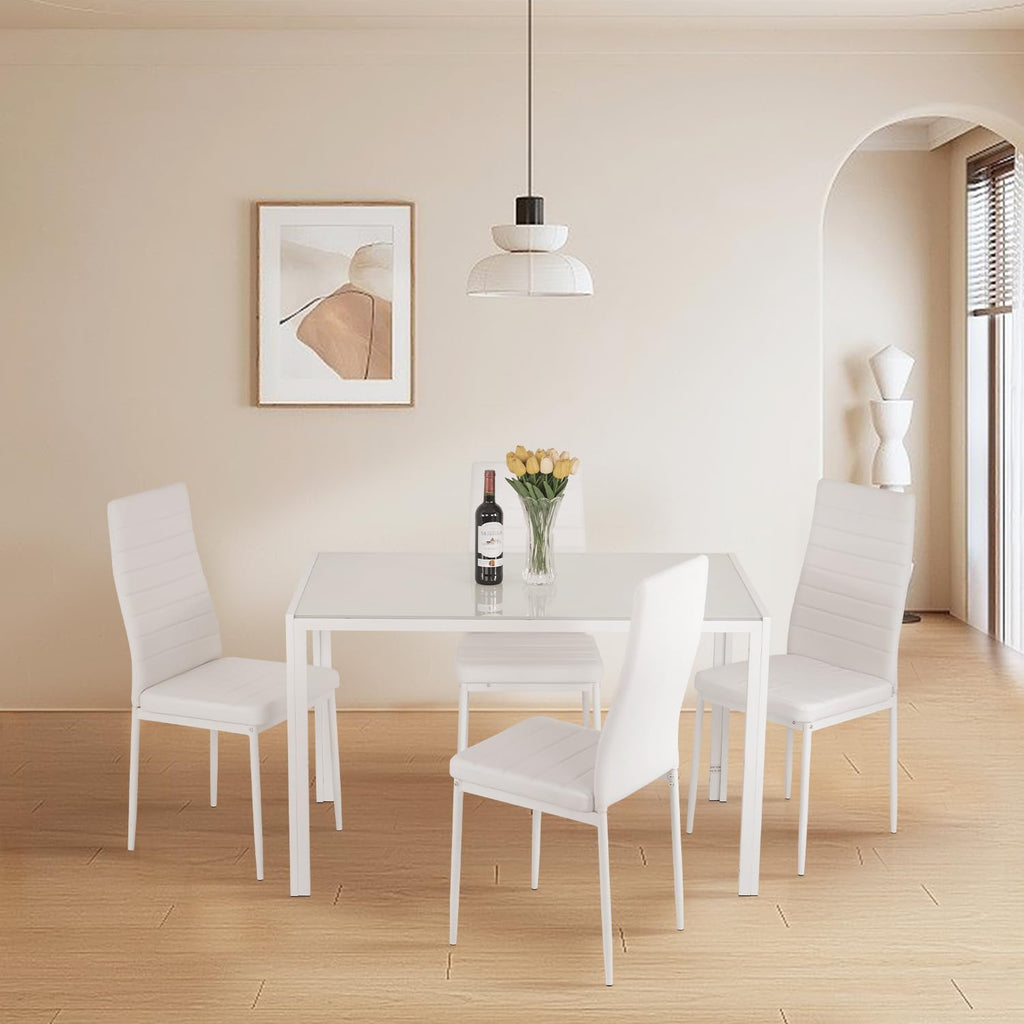 5-Piece Dining Table Set | White | Glass Kitchen Table