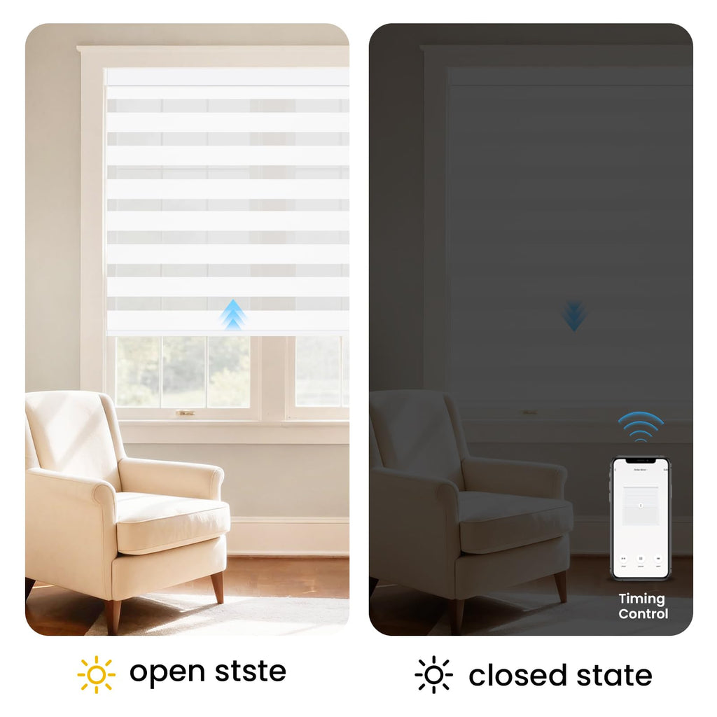 No Drill Motorized Blinds with Remote, 75% Blackout Electric Zebra Shades Light Filtering, Dual Layer Smart Automatic
