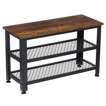 Shoe Bench, 3-Tier Industrial Shoe Rack Bench, Entryway Bench Shoe Organizer with 2 Mesh Shoe Storage Shelves, Wood