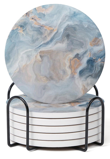 Set of 6 Abstract Blue Marble Coasters with Holder, Absorbent Ceramic Coasters for Drinks, Coasters with Cork Backing