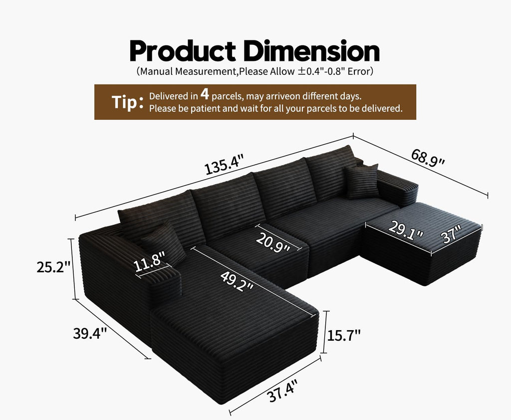 135.4" Cloud Modular Sectional Couch with 1 Ottoman, Modern Minimalist Upholstered Couches, Comfort U Shaped Sofa