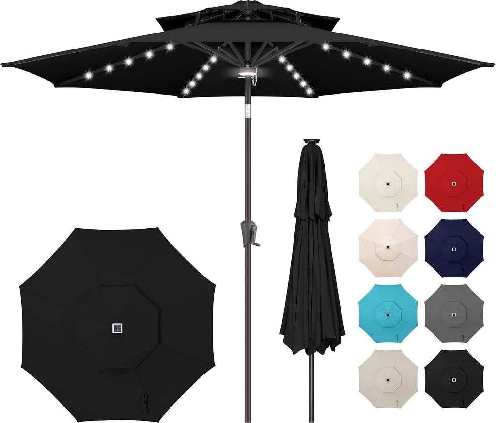 9ft Solar Umbrella Outdoor - 2 Tiers Lighted Solar Patio Umbrella with 40 LED Lights Waterproof UV Protection