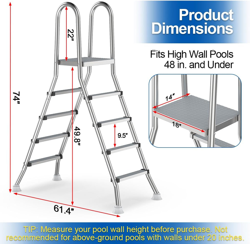 Above Ground Pool Ladder, 304 Stainless Steel Heavy Duty Pool Ladder | Pool Ladder with Non-Slip Wide Steps, 580 LBS