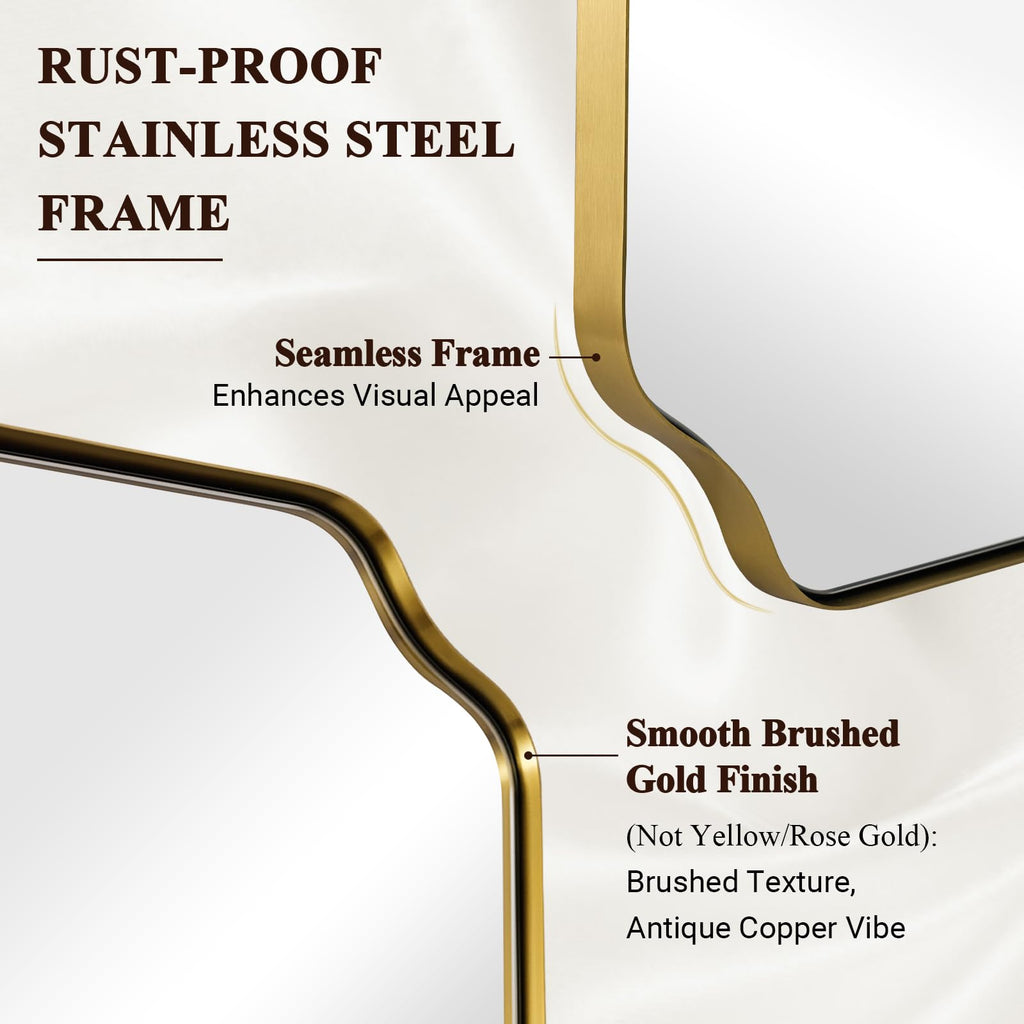 18" x 48" Full Length Wall Mirror, Large Brushed Gold Bathroom Mirror for Wall, Scalloped Corner Rectangle Body