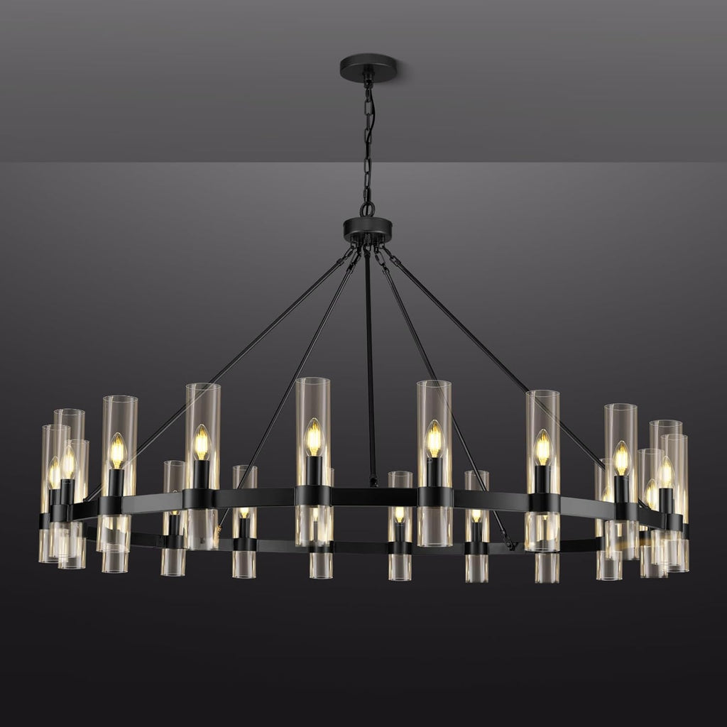 Black Wagon Wheel Chandelier, 60 Inch Glass Chandeliers, 20 Light Chandelier for High Ceiling, Modern Farmhouse Chandeliers for Living Room, Dining Room, Entryway, Stairwell(Bulbs Included) A115-B0F29GZ45T