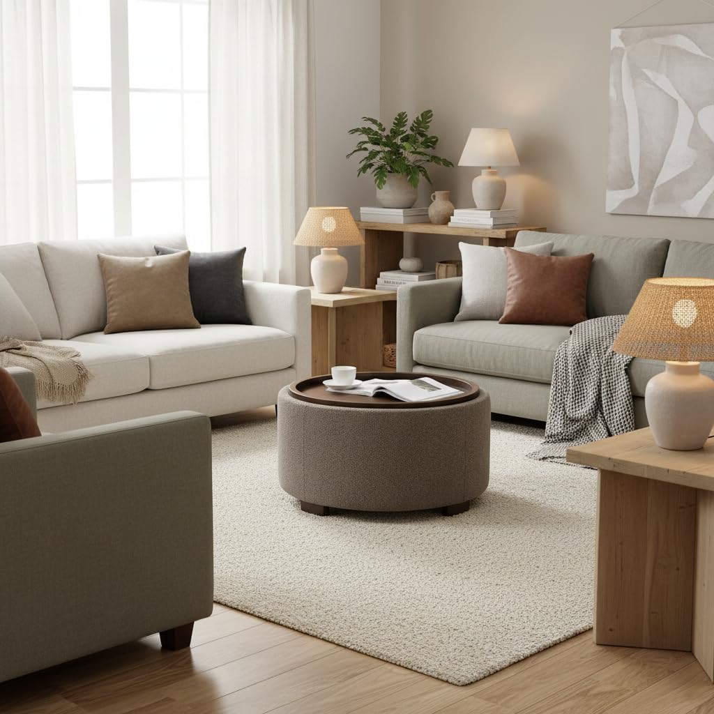 30 Inch Round Storage Ottoman, Ottoman Coffee Table with Lift Off Lid, Boucle Modern Ottomans with Storage s (Brown)