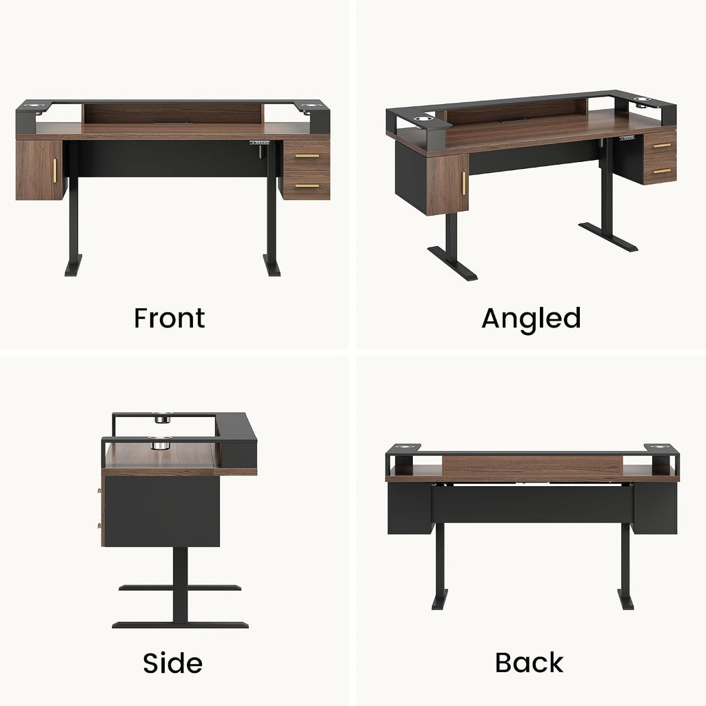 61'' Electric Standing Desk with Drawers, Dual Cup Holders | Height Adjustable Desk, Built-in Power Outlet & USB