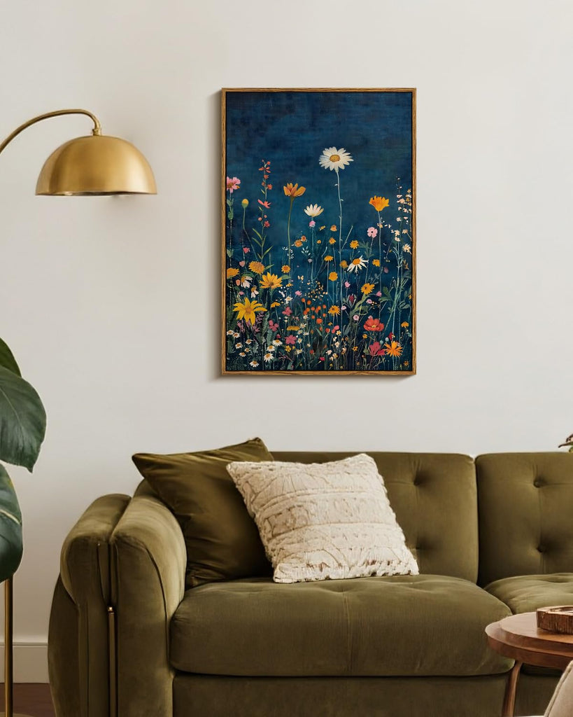 Botanical Floral Canvas Print 16x24 Framed Wildflower Wall Art, Rustic Dark Blue Colorful Flower Artwork, Vibrant