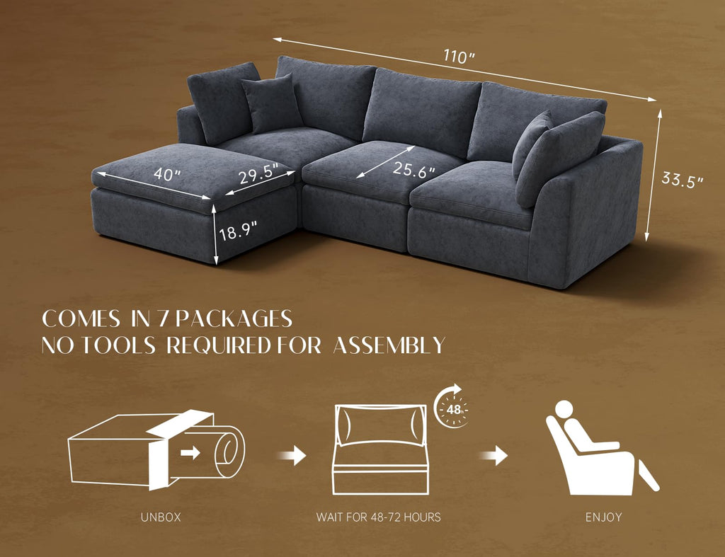 110 Inch Cloud Sectional Couches, Convertible L Shaped Couch with Ottoman, 3 Seater Modular Sectional Sofa, Grey