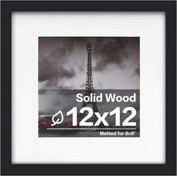 12x12 Picture Frame, Made of Solid Wood with Plexiglass, for Tabletop and Wall Hanging Display Picture 8x8 with Mat