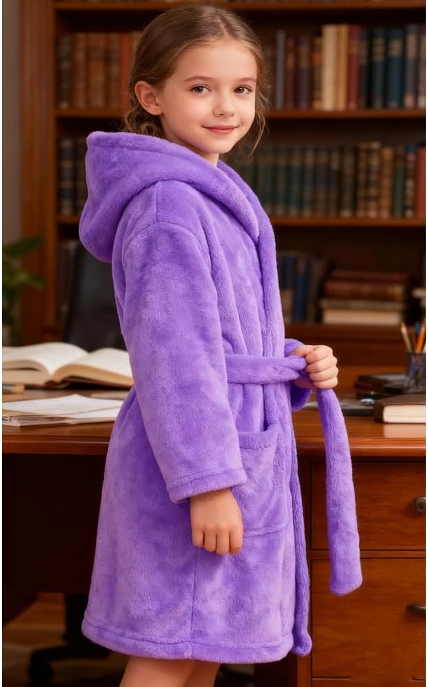 Kids Bathrobe Hooded Plush Fleece Robe for Girls Boys
