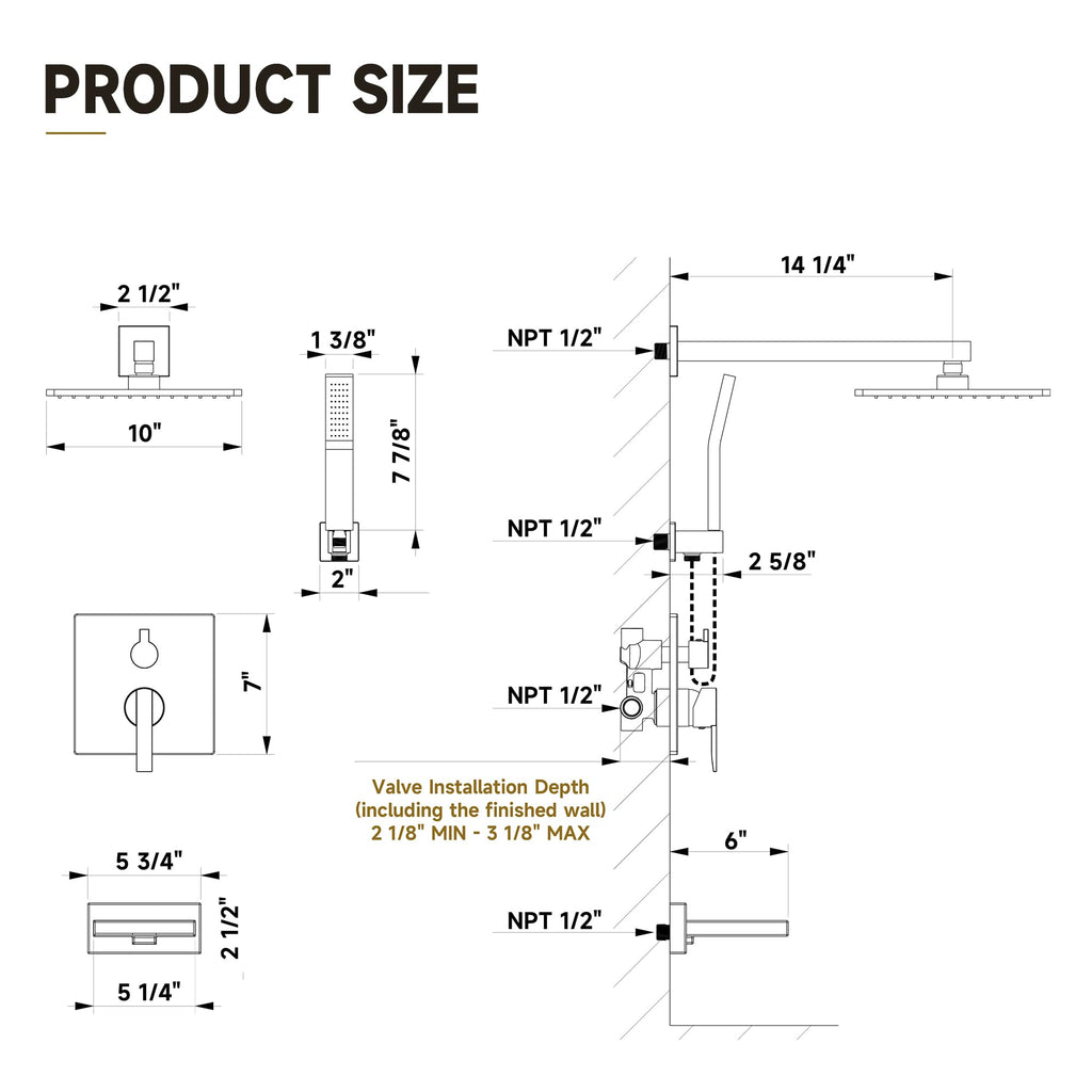 Shower System with Tub Spout, All Metal Black Bathtub Shower Faucet Set with High Pressure 10 Inch Rain Shower Head