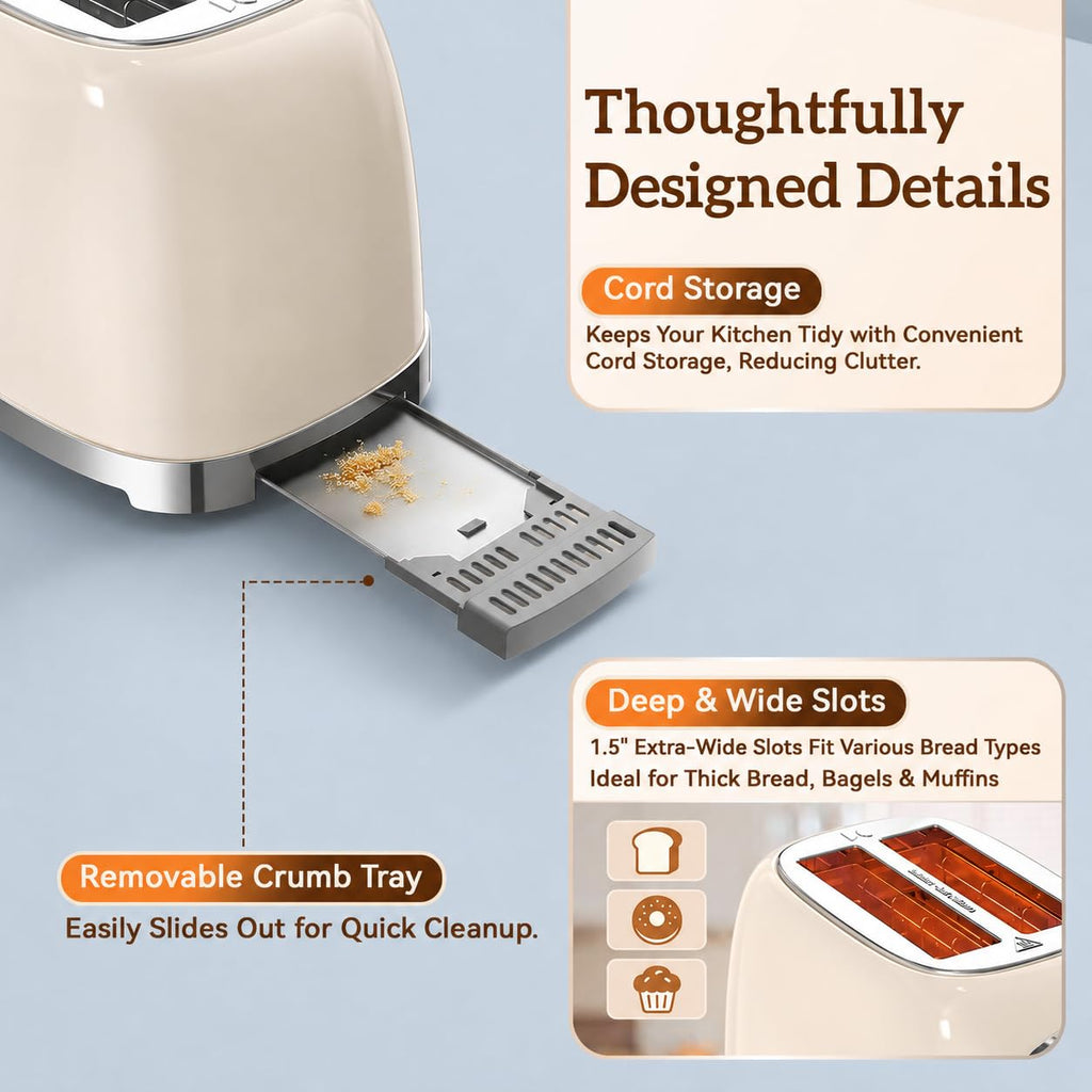 2 Slice Touchscreen Toaster Retro with Wide Slots, Cream Color