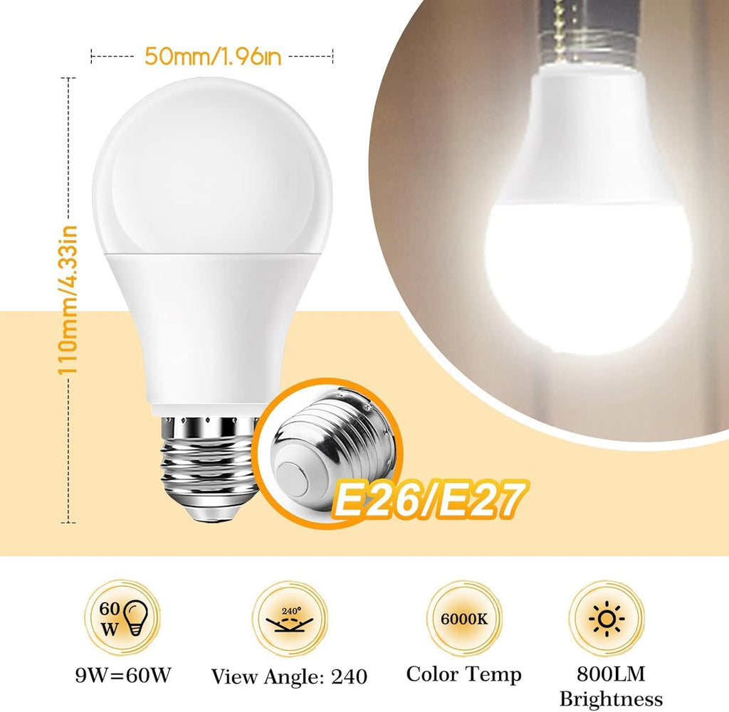 Full Spectrum Light Bulb, 6000K Natural Sunlight Bulbs, 9W 60W Equivalent LED Light Bulb, Natural Light Bulbs A19