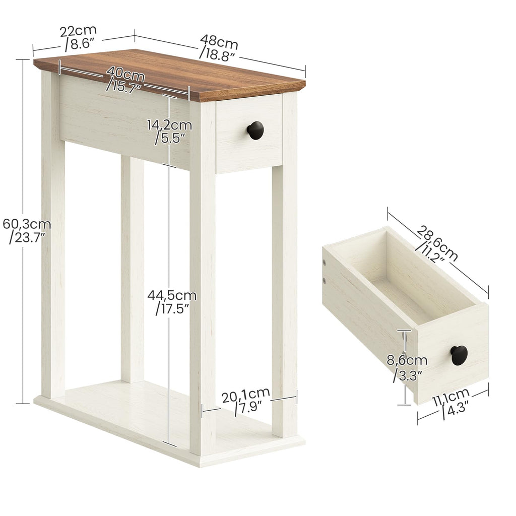 Farmhouse End Table, 2-Tier Narrow Side Table with Drawer, Wooden Nightstand, for Small Space, Living Room, Bedroom
