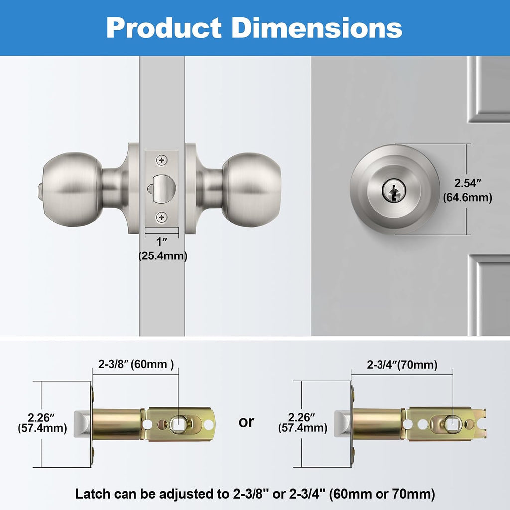 3 Pack Door Knob with Lock and Key, Keyed Different, Satin Nickel