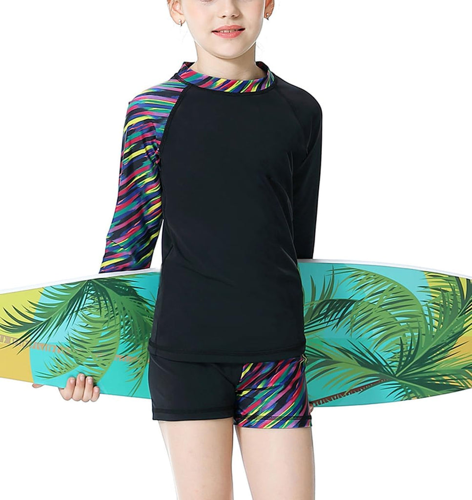 Girls Rash Guard Piece Swimsuit Set - Long Sleeve Swimwear with UPF 50+ Sun Protection