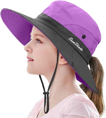Kids Ponytail Sun Hat Wide Brim UV Protection for Girls Beach Bucket Cap