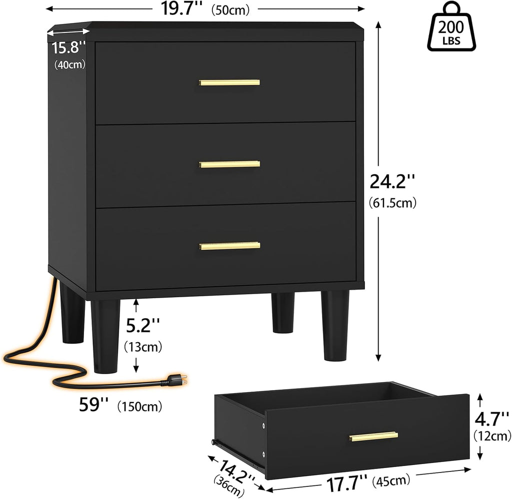 Nightstand with Charging Station, 3 Drawers Bedside Table with Solid Wood Legs, UL Certified Power Outlet End Table