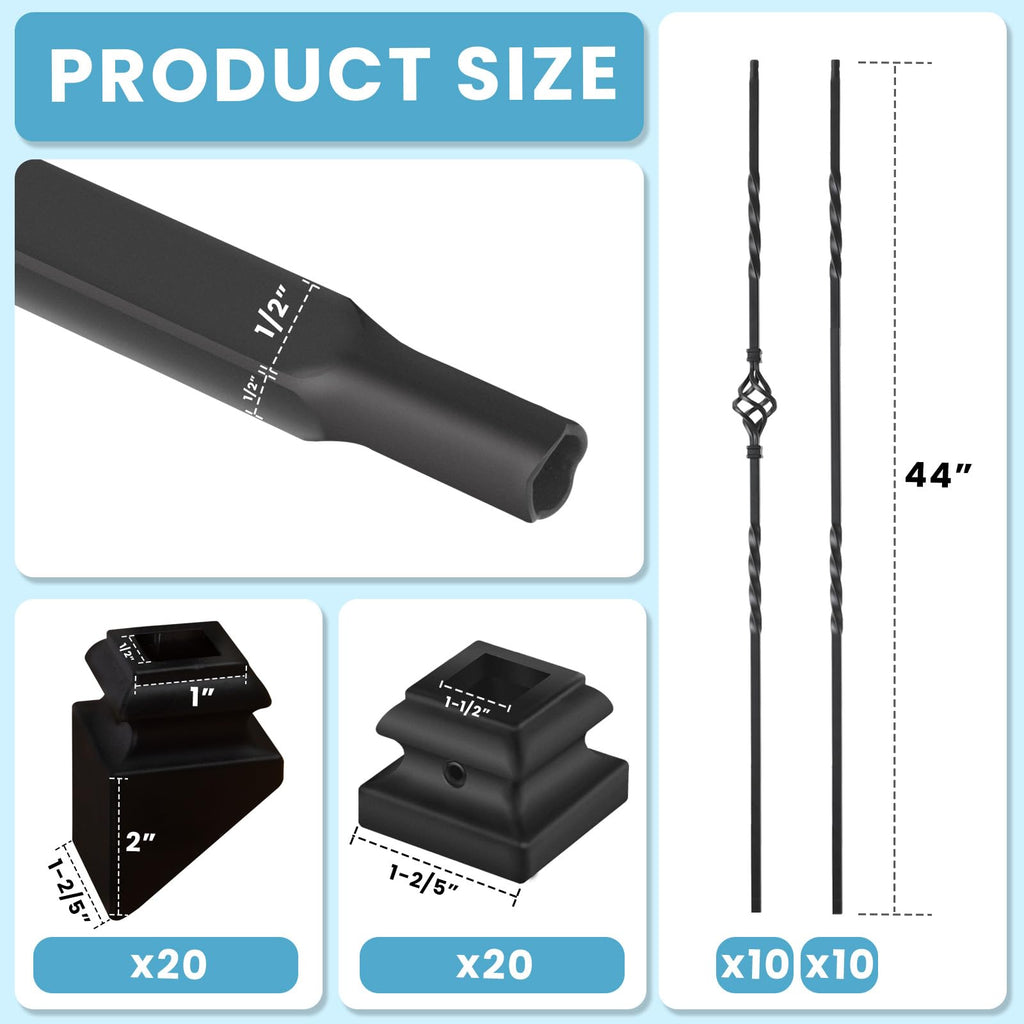 1/2" Square Iron Balusters - Single Basket & Double Twist - 20p