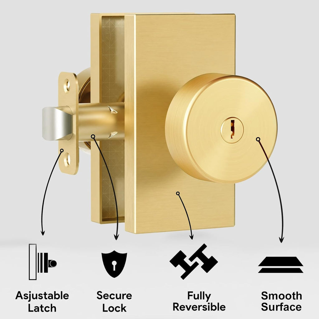 Keyed Alike Exterior Door Knob with Lock and Key, Satin Brass