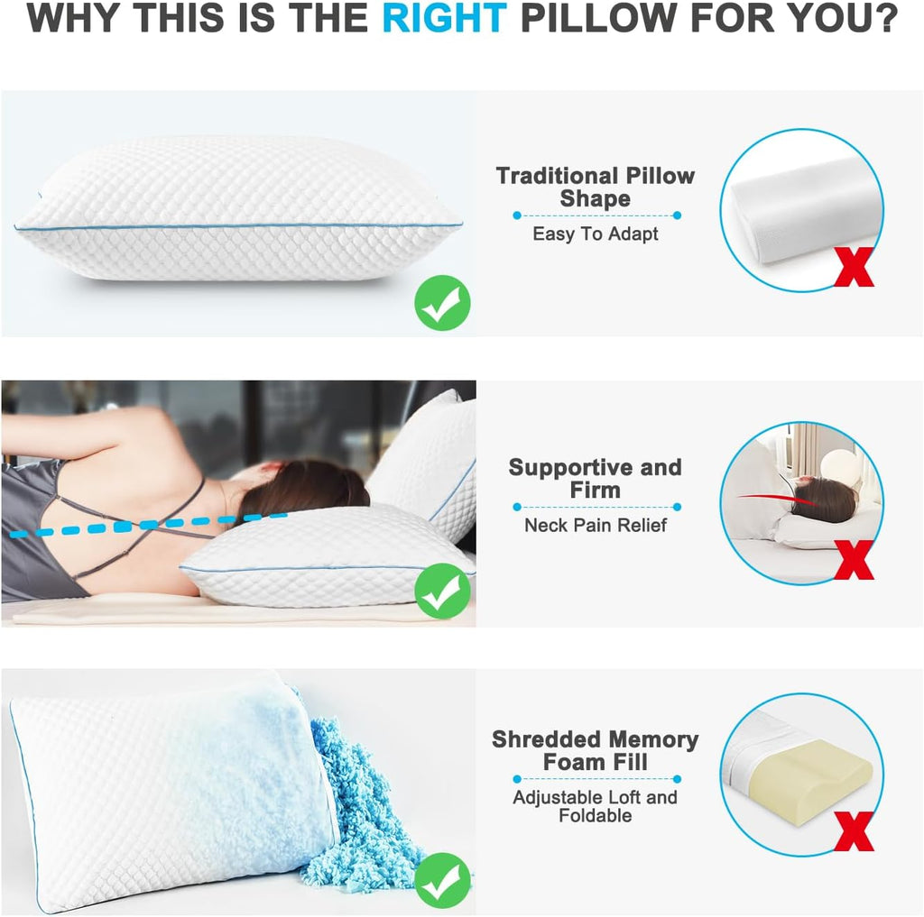 Cooling Shredded Memory Foam Bed Pillows, King Size, Set of 2, 20 x 36 in | Adjustable Firm, Supportive, Breathable