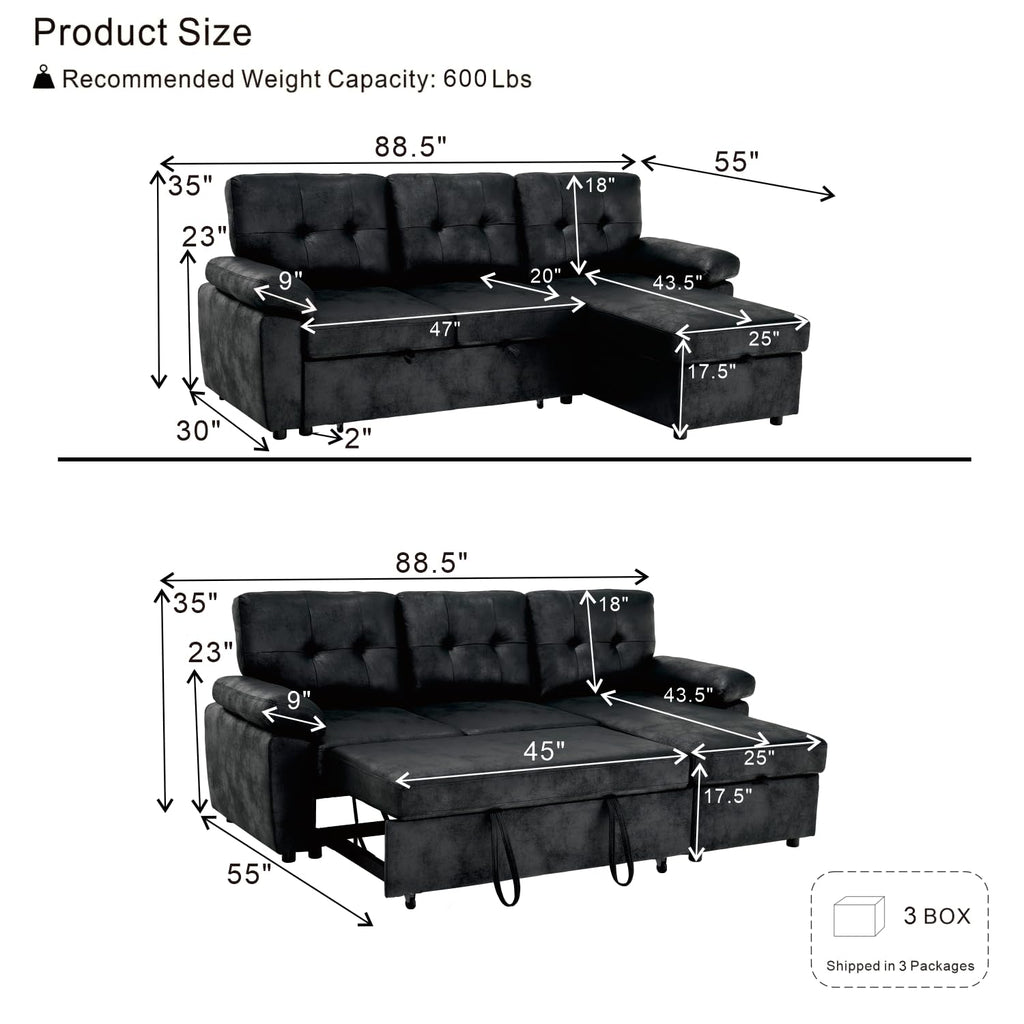 88.5" Convertible Sofa Bed with Storage Chaise, L-Shaped Sectional Sleeper Sofa with Reversible Chaise, Faux Leather