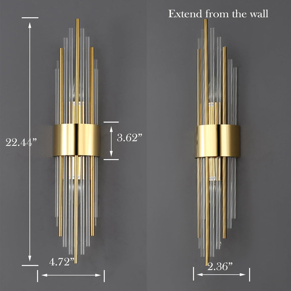 2-Light Modern Brushed Titanium Gold Wall Sconce with Clear Glass Crystal Luxury Wall Light Fixtures for Bedroom