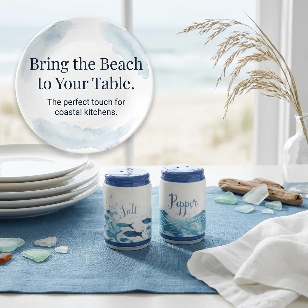 Beachy Blue Fish & Ocean Waves Ceramic Salt & Pepper Shakers - Set of 2