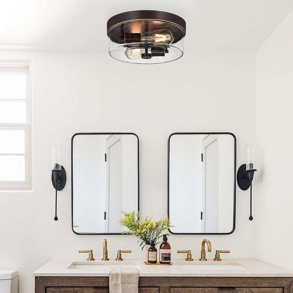 Flush Mount Ceiling Light Fixtures, 2-Light Oil Rubbed Bronze Ceiling Mount for Farmhouse with Seeded Glass