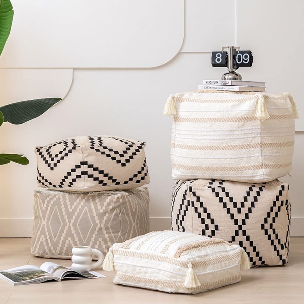 Tufted Woven Pouf Cover w/Tassels, Boho Square Ottoman 18"x18"x16"