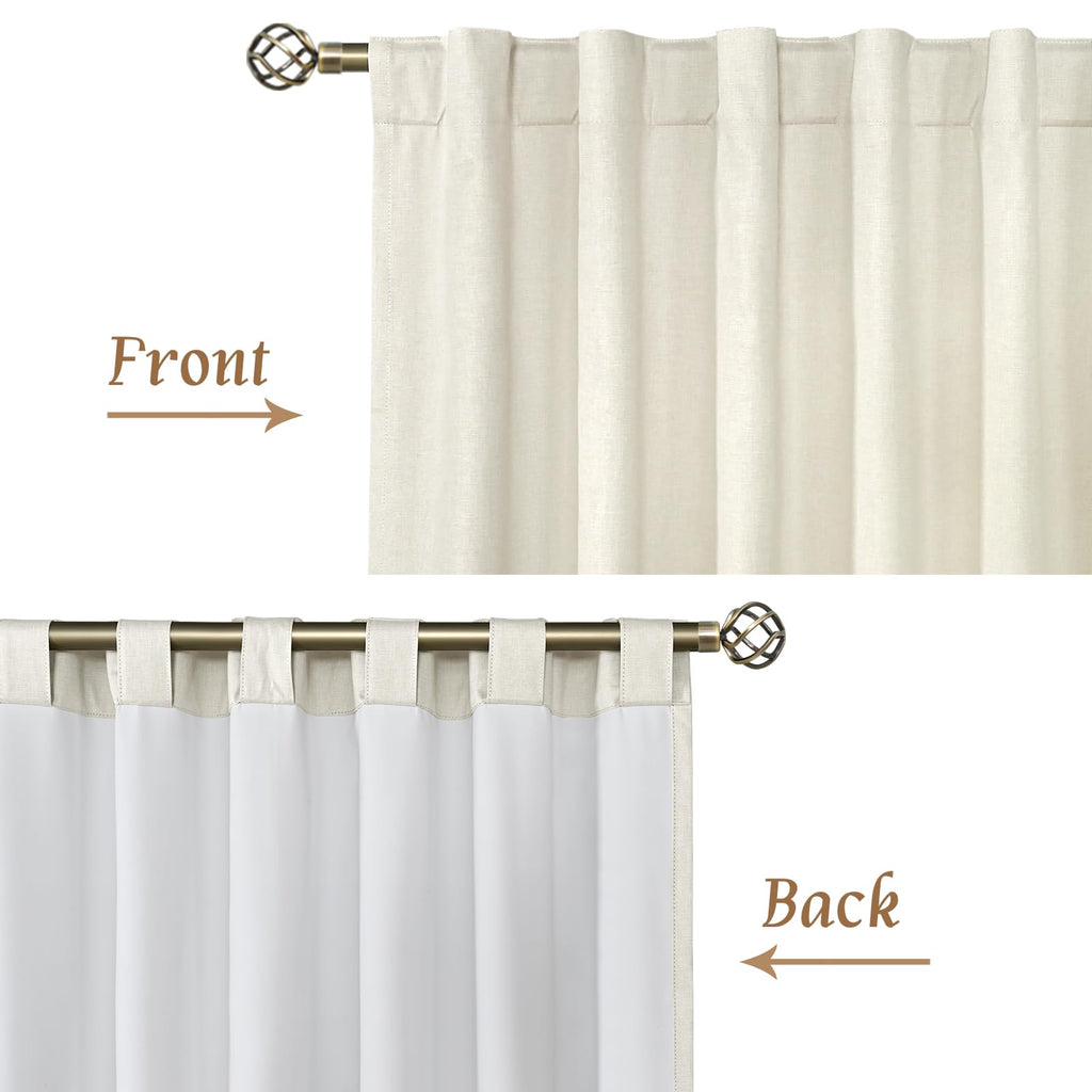 100% Blackout Natural Linen Bedroom Curtains 63 Inches Long, Ivory