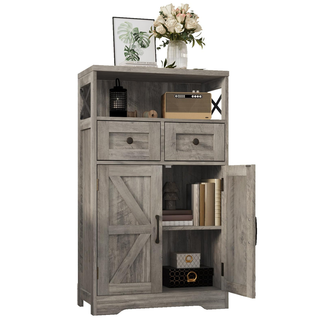 Farmhouse Storage Cabinet with Drawers and Shelf, Freestanding Kitchen Pantry Hutch, Rustic Grey