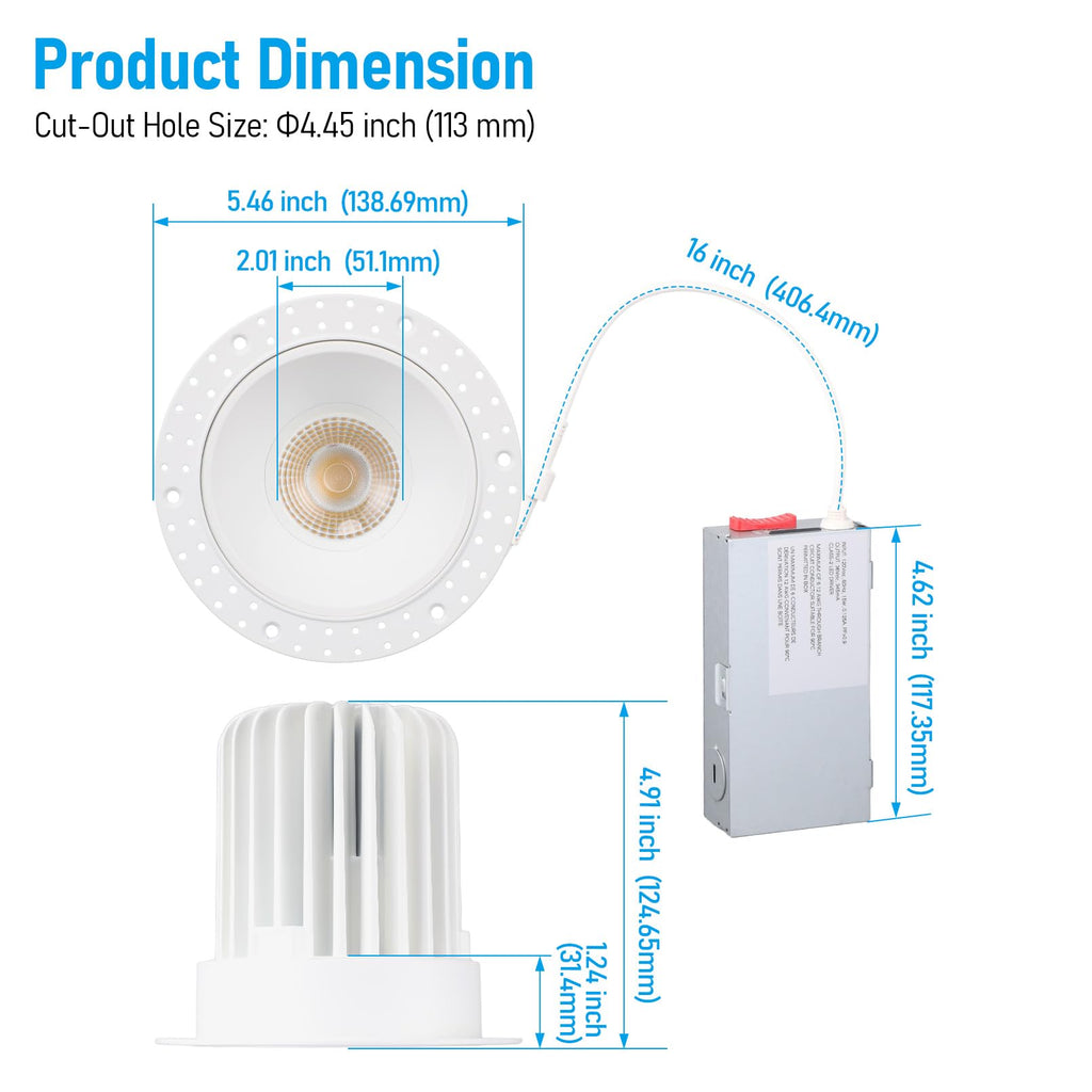 5CCT 4 Inch Recessed LED Lights, Round Trimless Downlight