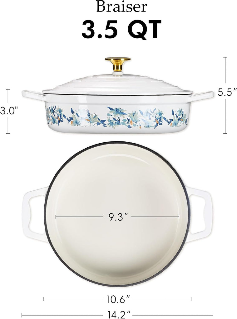 3.5QT Enameled Cast Iron Braiser Pan, Shallow Floral Dutch Oven Casserole Skillets, Non-Toxic Cast Iron Pot with Lid
