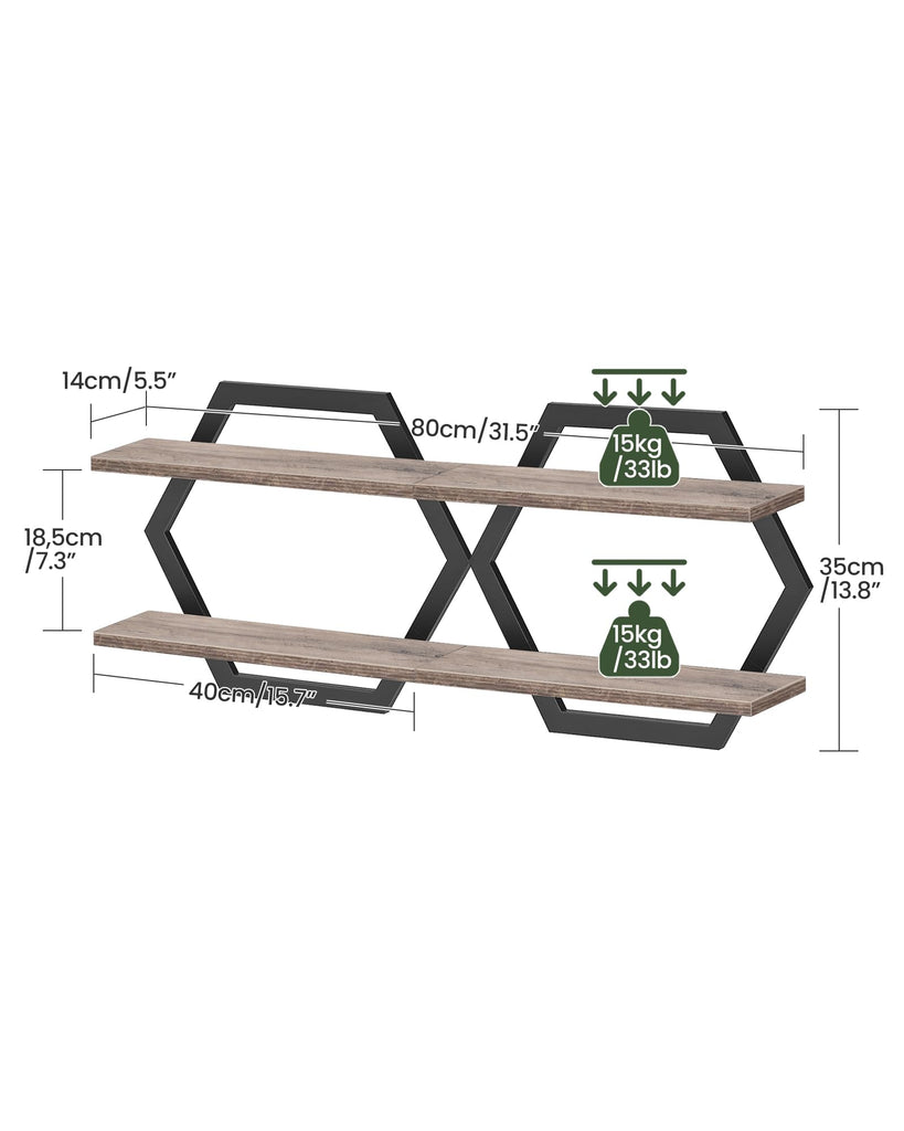 Hexagon Floating Shelves for Wall, Set of 2, 2 -Tier Hanging Shelves, Wall Mounted Storage Shelves, Study, Greige