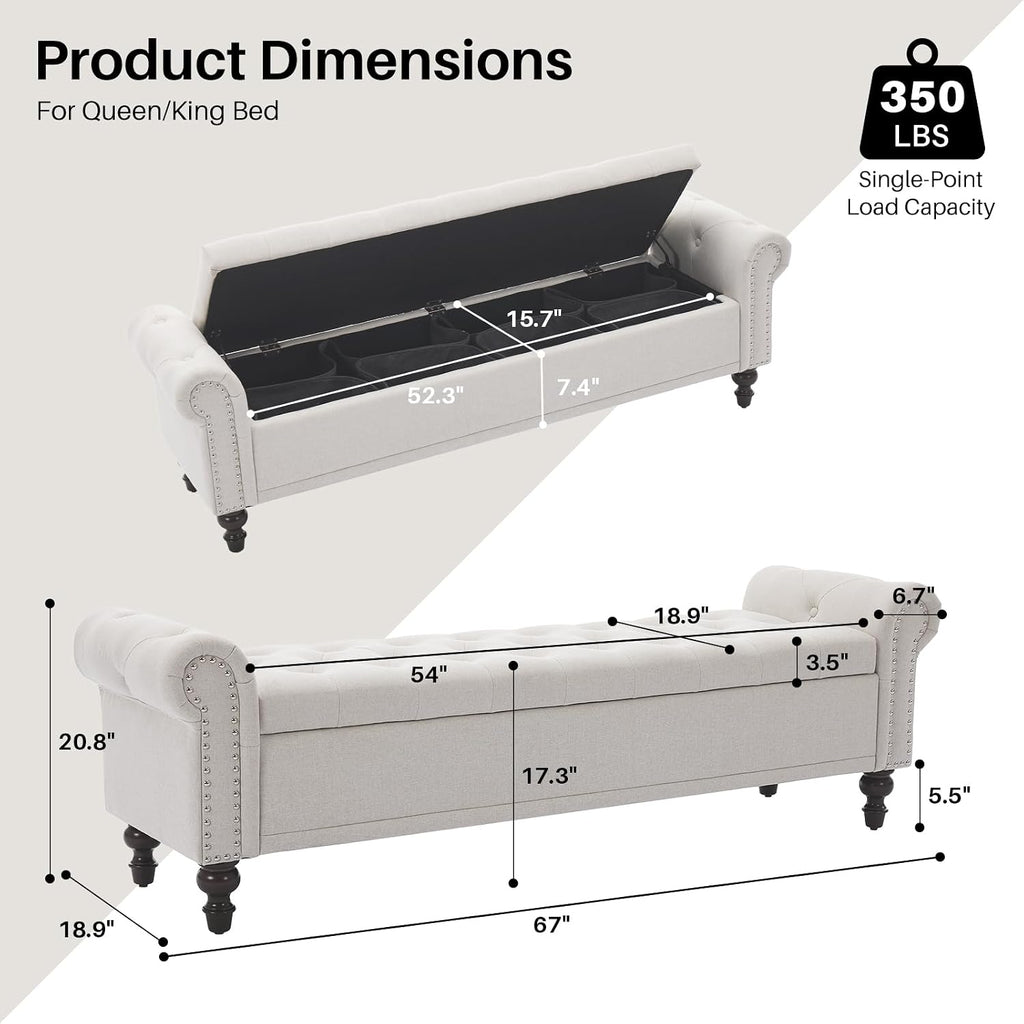 67" Storage Bench , Linen Upholstered, Beige | King Size End of Bedroom Bed Bench Ottoman with Tufted Cushioned