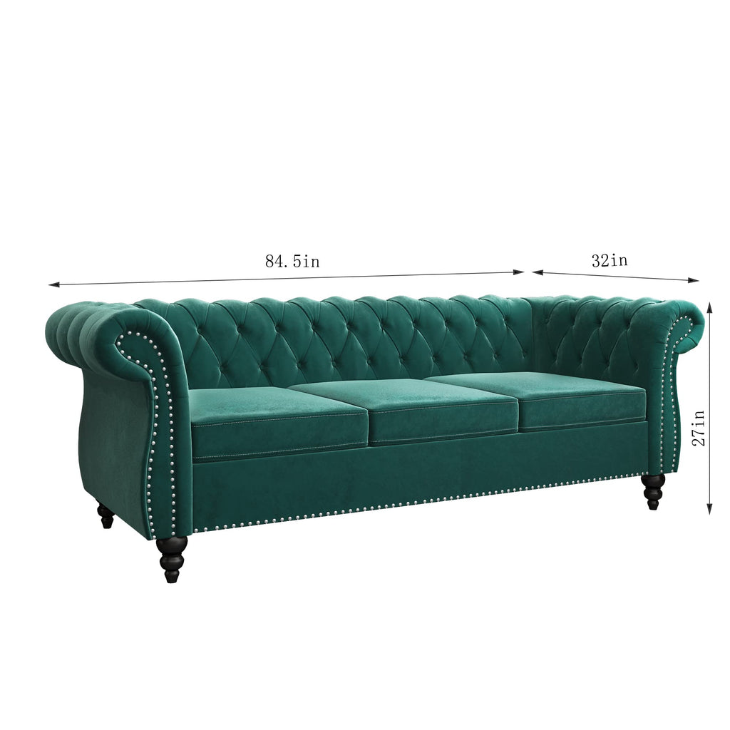 Accent Large Sofa, Chesterfield Couch 3 Seater Modern Velvet Couch Upholstered Sofa with Tufted Back Furniture (Green)