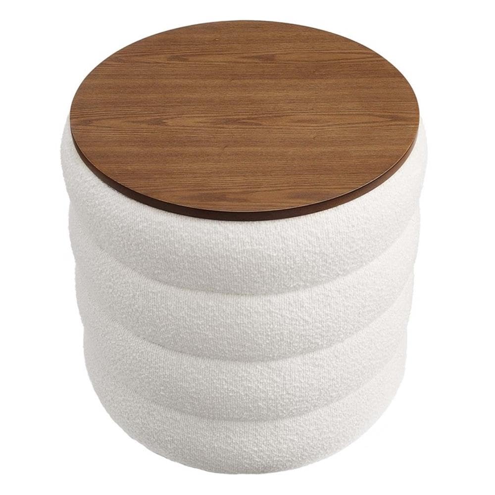 Mezzo Round Boucle Fabric Storage Ottoman Stool in Cloud - Channel Tufted Ottoman - Upholstered Footrest - Versatile