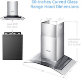 30 Inch Stainless Steel Kitchen Range Hood 450 CFM 3 Speed Gesture & Touch Control, LED Lights, Baffle Filters, Convertible Ducted/Ductless Glass Canopy